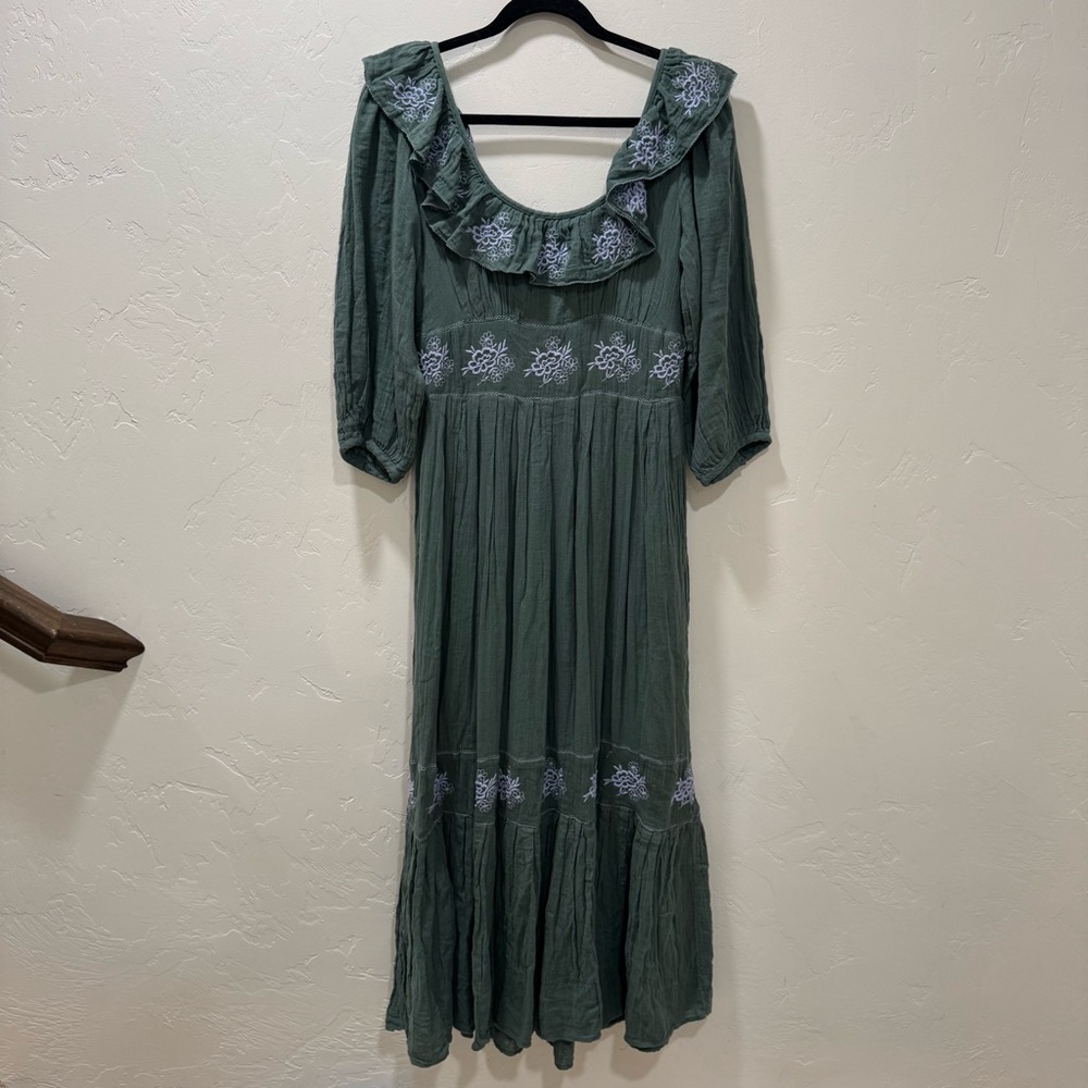 NWT Free People Lovers Lane Maxi Dress Green Blue Embroidered Ruffle Medium - Picture 2 of 13